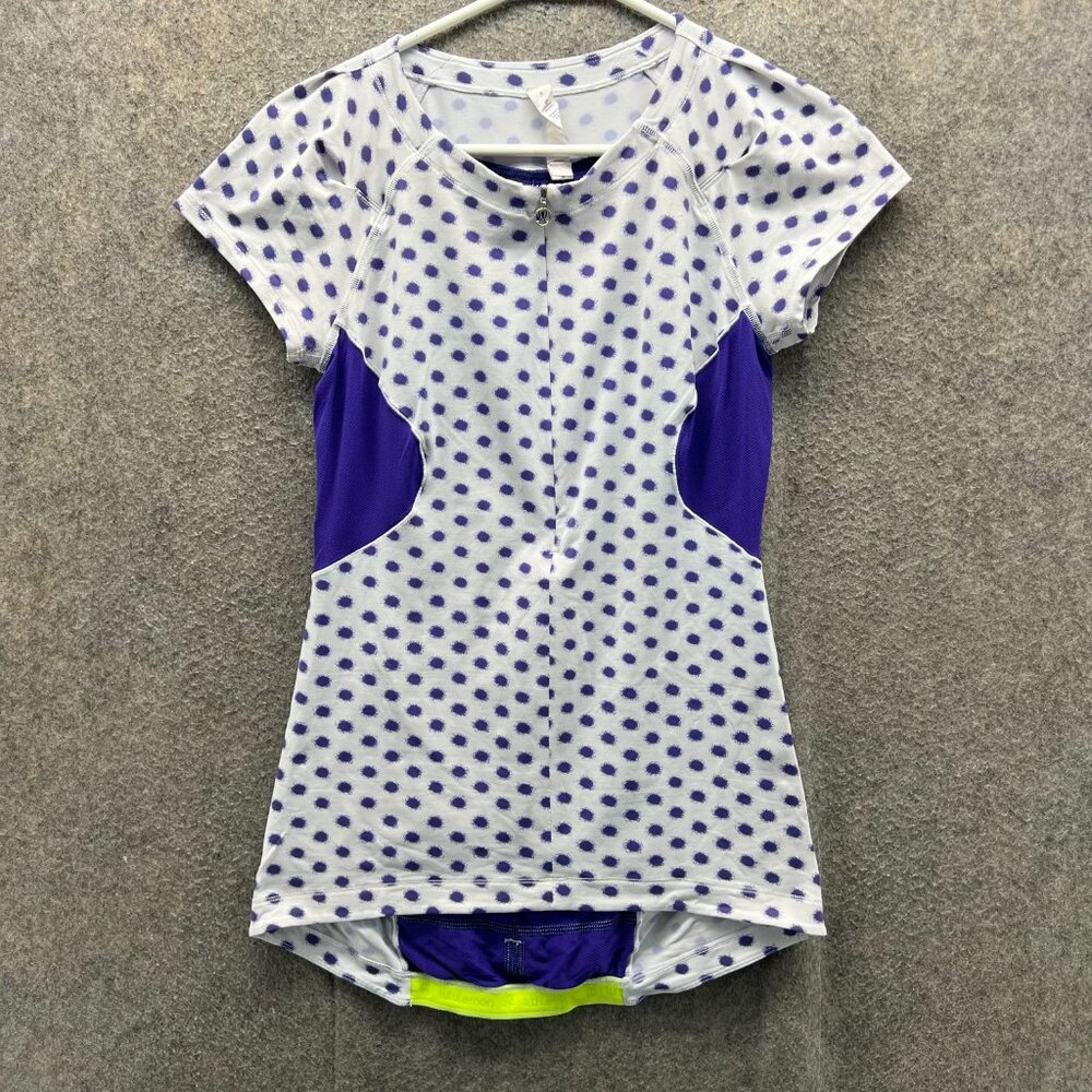 Lululemon Cycling Jersey Womens 8 White 1/2 Zip Top Purple Polka Dot Zip Top
